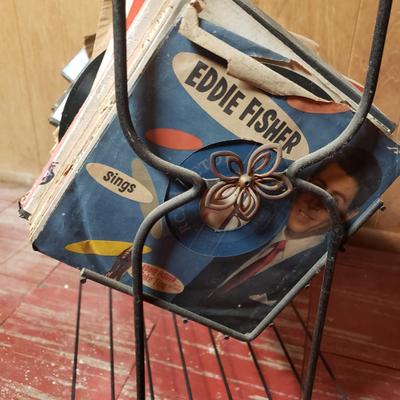 LOT 94B: Two Metal Wire Record Album Racks with Collection of 45s