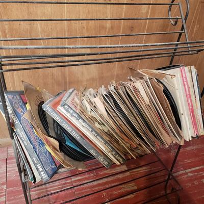 LOT 94B: Two Metal Wire Record Album Racks with Collection of 45s