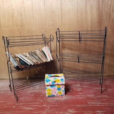 LOT 94B: Two Metal Wire Record Album Racks with Collection of 45s