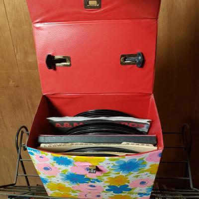 LOT 94B: Two Metal Wire Record Album Racks with Collection of 45s