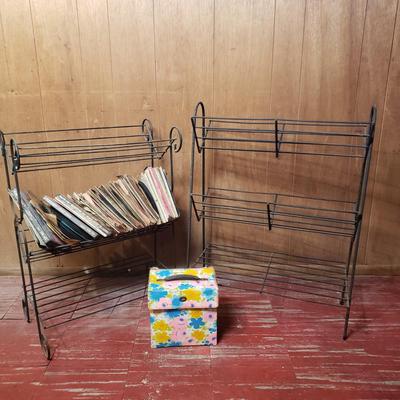 LOT 94B: Two Metal Wire Record Album Racks with Collection of 45s