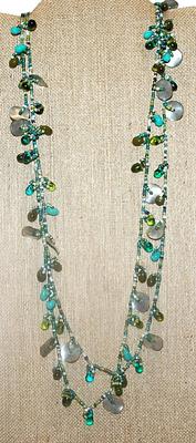 Extra Long WRAP-AROUND NECKLACE with Green & Blue Colored Beads and Metal Disks Accents 58" L