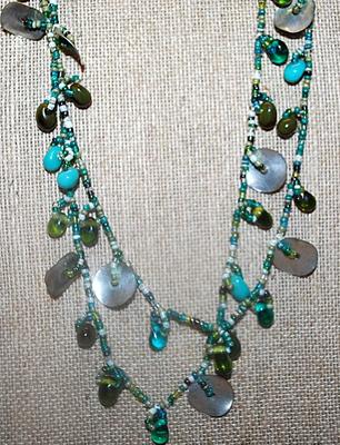 Extra Long WRAP-AROUND NECKLACE with Green & Blue Colored Beads and Metal Disks Accents 58" L