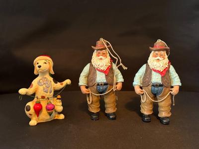 2 Cowboy Santas and A Puppy Ornaments