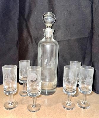 Vintage Etched Wine Decanter with 6 Matching Stems
