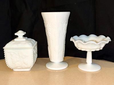Milkglass Lot Covered Candy, Footed Candy, Vase