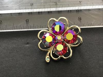 Crystal Ab Clover Brooch Vintage Gold tone