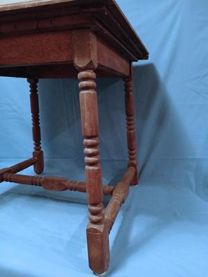 Sale Photo Thumbnail #9: Charming antique hand painted tiles of animals, buildings, trees in Medieval style. Wear corresponding to age. Nice golden color to wood. 22 1/2" W x 22 1/2" D x 22 1/2" H. Loose trim piece from underside included.