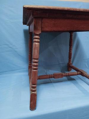 Sale Photo Thumbnail #10: Charming antique hand painted tiles of animals, buildings, trees in Medieval style. Wear corresponding to age. Nice golden color to wood. 22 1/2" W x 22 1/2" D x 22 1/2" H. Loose trim piece from underside included.