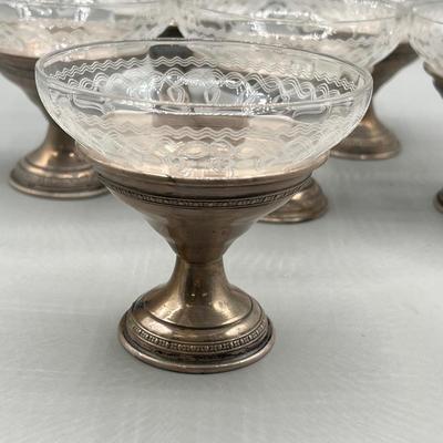 LOT 46: Set of Sterling Silver and Etched Glass Dessert Glasses - 102 Grams Total -All 6 Sterling Holders