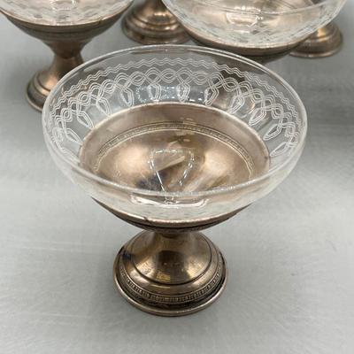 LOT 46: Set of Sterling Silver and Etched Glass Dessert Glasses - 102 Grams Total -All 6 Sterling Holders