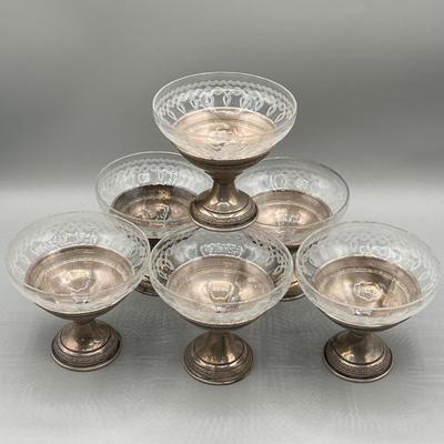 LOT 46: Set of Sterling Silver and Etched Glass Dessert Glasses - 102 Grams Total -All 6 Sterling Holders