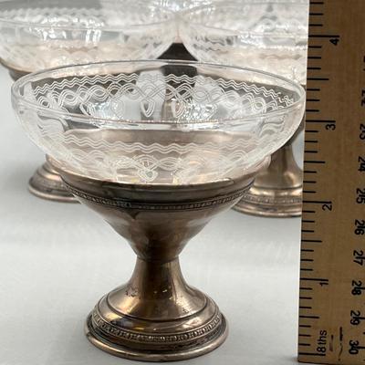 LOT 46: Set of Sterling Silver and Etched Glass Dessert Glasses - 102 Grams Total -All 6 Sterling Holders
