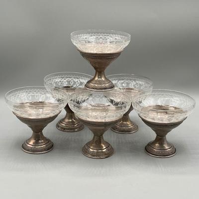 LOT 46: Set of Sterling Silver and Etched Glass Dessert Glasses - 102 Grams Total -All 6 Sterling Holders