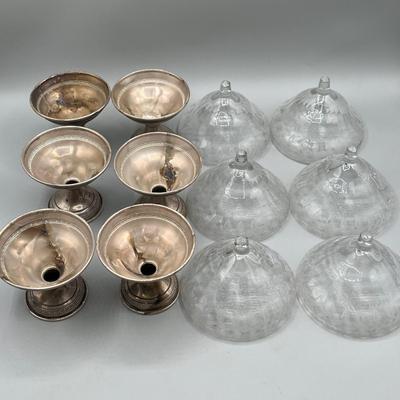 LOT 46: Set of Sterling Silver and Etched Glass Dessert Glasses - 102 Grams Total -All 6 Sterling Holders