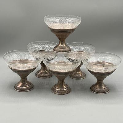 LOT 46: Set of Sterling Silver and Etched Glass Dessert Glasses - 102 Grams Total -All 6 Sterling Holders