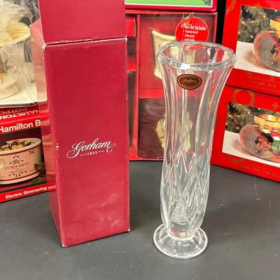 LOT 56: New in Package Christmas Decor - Gorham Crystal Vase and More
