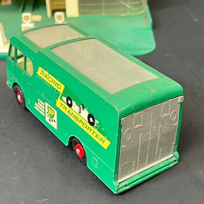 LOT 66: Vintage Matchbox BP Service Station Playset and Racing Car Transporter Truck