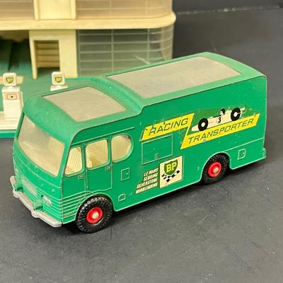 LOT 66: Vintage Matchbox BP Service Station Playset and Racing Car Transporter Truck