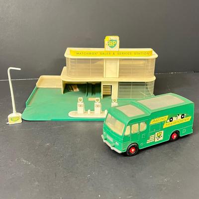 LOT 66: Vintage Matchbox BP Service Station Playset and Racing Car Transporter Truck