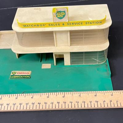 LOT 66: Vintage Matchbox BP Service Station Playset and Racing Car Transporter Truck