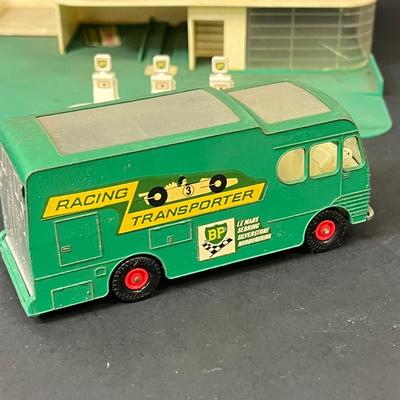 LOT 66: Vintage Matchbox BP Service Station Playset and Racing Car Transporter Truck