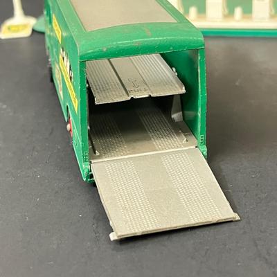 LOT 66: Vintage Matchbox BP Service Station Playset and Racing Car Transporter Truck