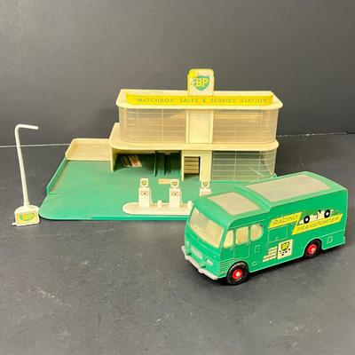 LOT 66: Vintage Matchbox BP Service Station Playset and Racing Car Transporter Truck