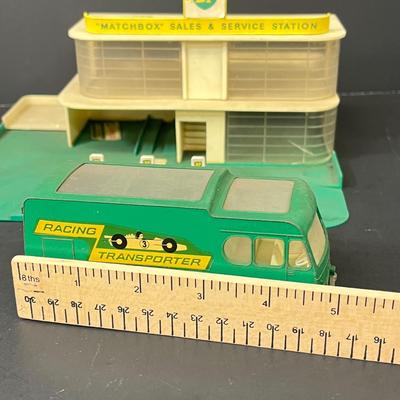 LOT 66: Vintage Matchbox BP Service Station Playset and Racing Car Transporter Truck
