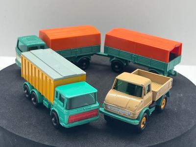 LOT 137: Vintage Lesney Matchbox Vehicles - "Unimog", Mercedes Trailer and More