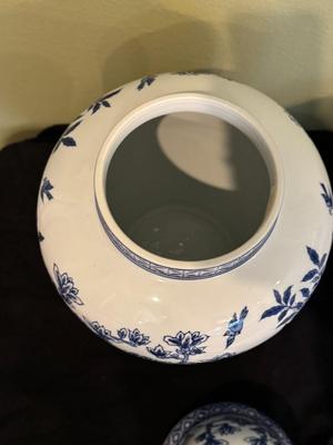 21" Ginger Jar with Lid Wooden Finial and Wooden Stand Blue and White Floral