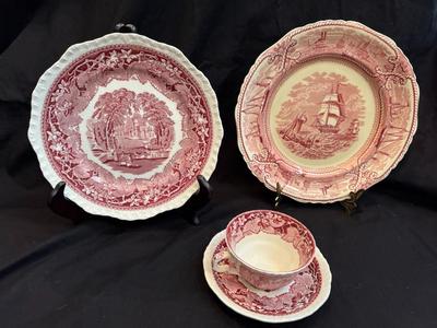 Antique Red and White Transferware Mason's England Ironstone 4 Piece Lot