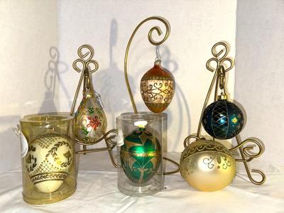 Green and Gold Some Mouth Blown8 Gorgeous Ornaments Lot of 6