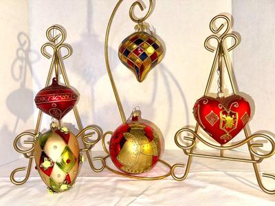 Red and Gold Some Mouth Blown Christmas Ornaments Lot of 5