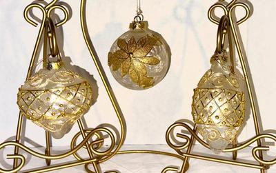 Ornate Pearlescent and Gold Elegant Christmas Ornaments Lot of 3
