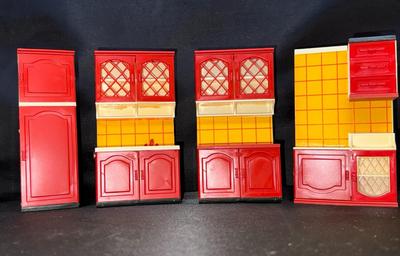 Vintage Miniature Dollhouse Furniture 1:16 Scale Lundby Swedish Red and Yellow Plastic 4 Piece Kitchen Set