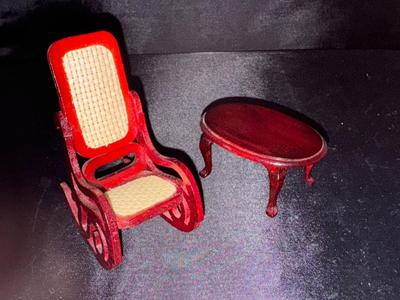 Wooden Rocking Chair and Table Vintage Miniature Dollhouse Furniture 1:12 Scale