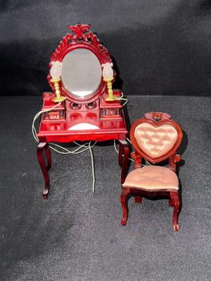 Wooden Vanity with 2 Electrified Lamps Vintage Miniature Dollhouse Furniture 1:12 Scale