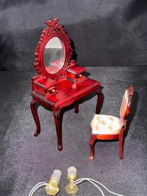 Wooden Vanity with 2 Electrified Lamps Vintage Miniature Dollhouse Furniture 1:12 Scale