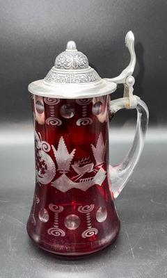 Cranberry Glass Etched Stein