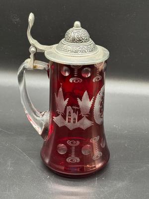 Cranberry Glass Etched Stein