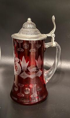 Cranberry Glass Etched Stein