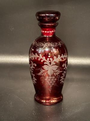 Etched Cranberry Antique Glass Decanter with Ground Stopper