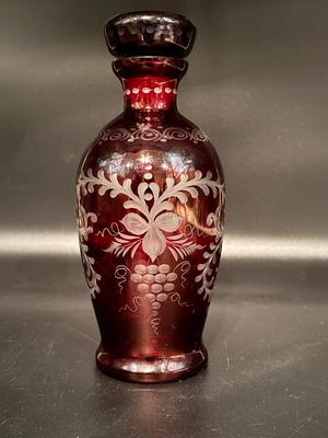 Etched Cranberry Antique Glass Decanter with Ground Stopper