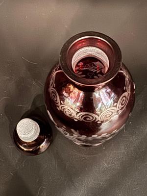 Etched Cranberry Antique Glass Decanter with Ground Stopper