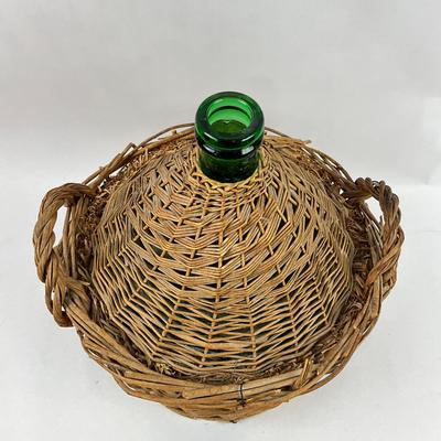 K192 Large Antique Green Demijohn Carboy Bottle In Original Wicker