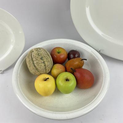 K195 Large Ironstone Platters & Bowl with Wooden Fruit