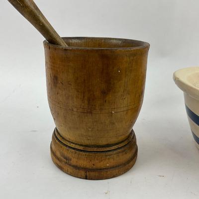 K196 Antique French Wooden Mortar & Pestle With Blue Band Pottery Mixing Bowl