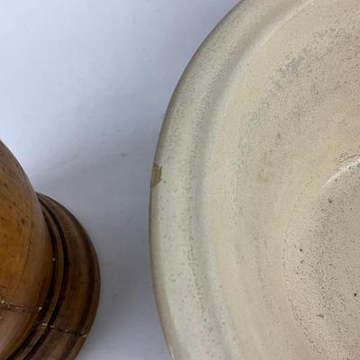 K196 Antique French Wooden Mortar & Pestle With Blue Band Pottery Mixing Bowl