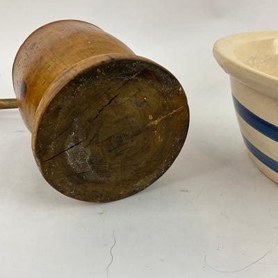 K196 Antique French Wooden Mortar & Pestle With Blue Band Pottery Mixing Bowl